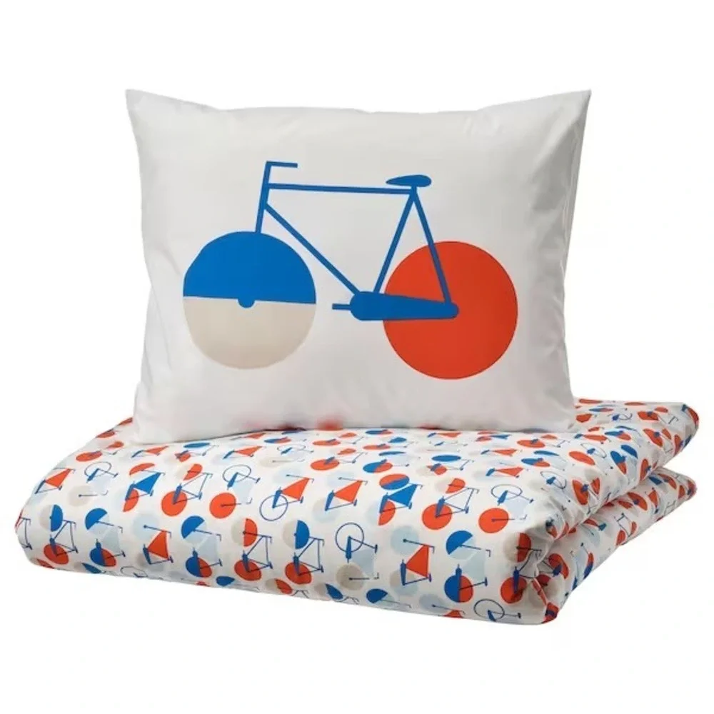 Ikea Sportslig Twin Duvet Cover + 1 Pillowcase Bicycle Pattern White Blue Orange